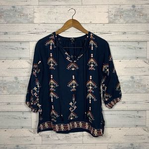 Madewell Marta Folkstitch Women's Blue Popover Peasant Boho Blouse Top With 3/4